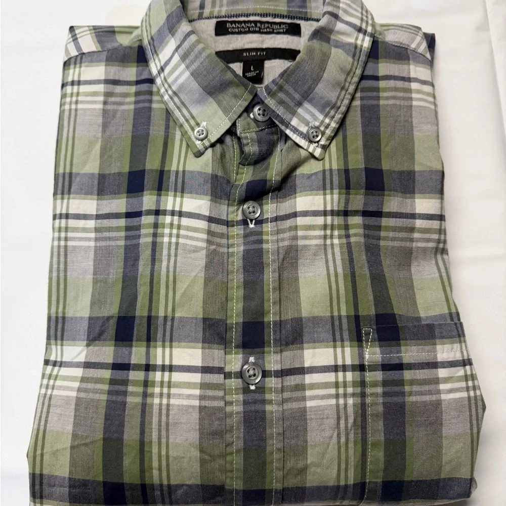 Banana Republic Men's Green and‎ Blue Plaid Shirt